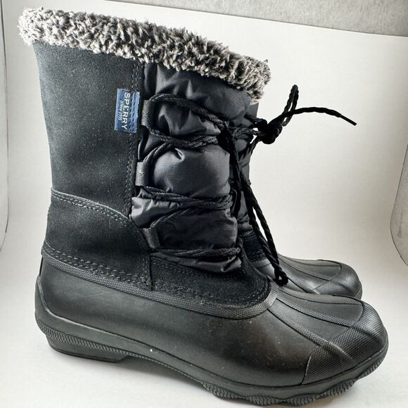 Sperry Black Syren Strait Quarter‎ Faux Fur Rubber Winter Boots Women’s 8.5 - Picture 1 of 7